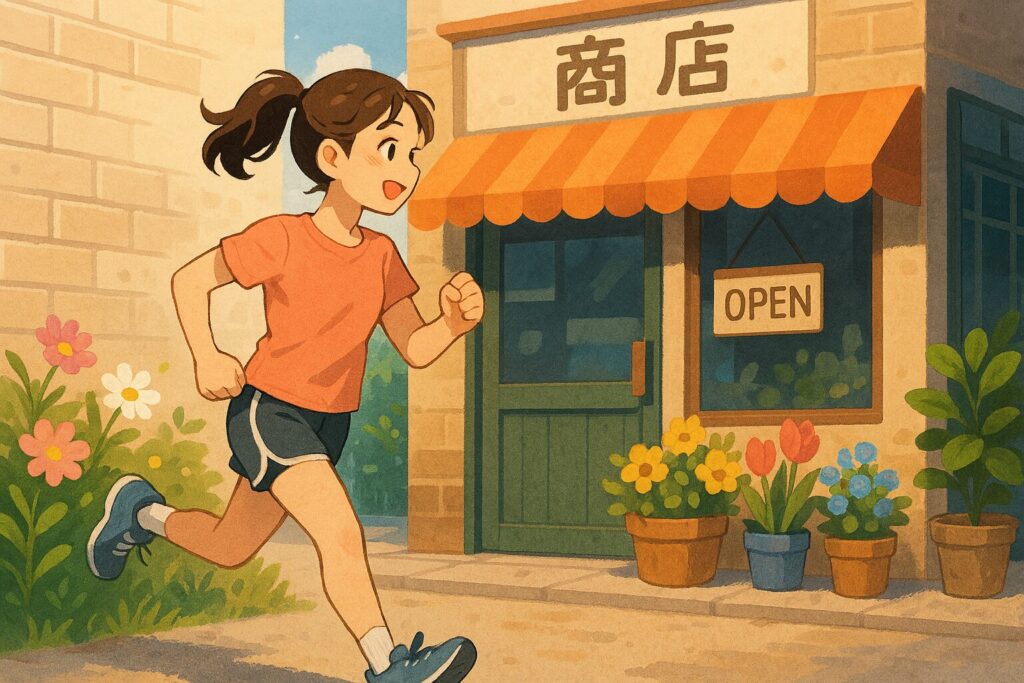 花や店の前を走っている女性