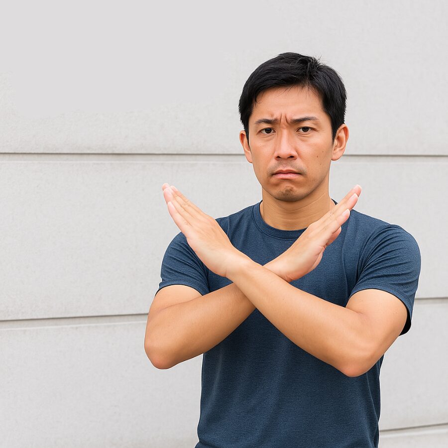 手でバツを作っている男性
