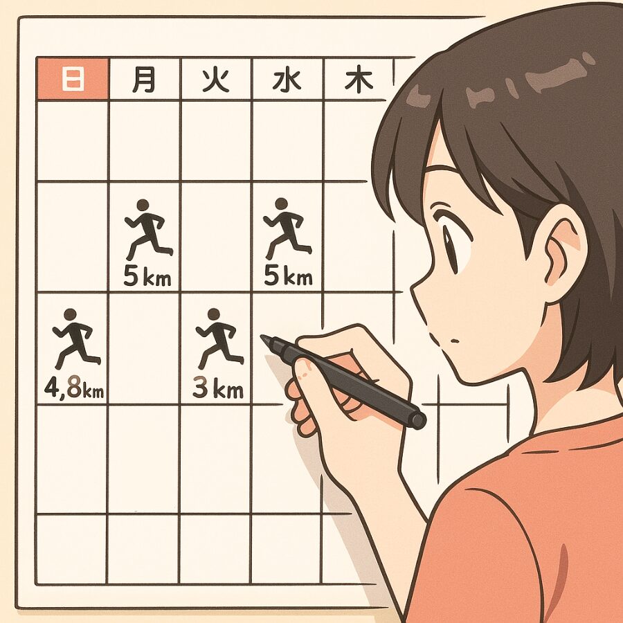 カレンダーにランニング記録をつけている女性