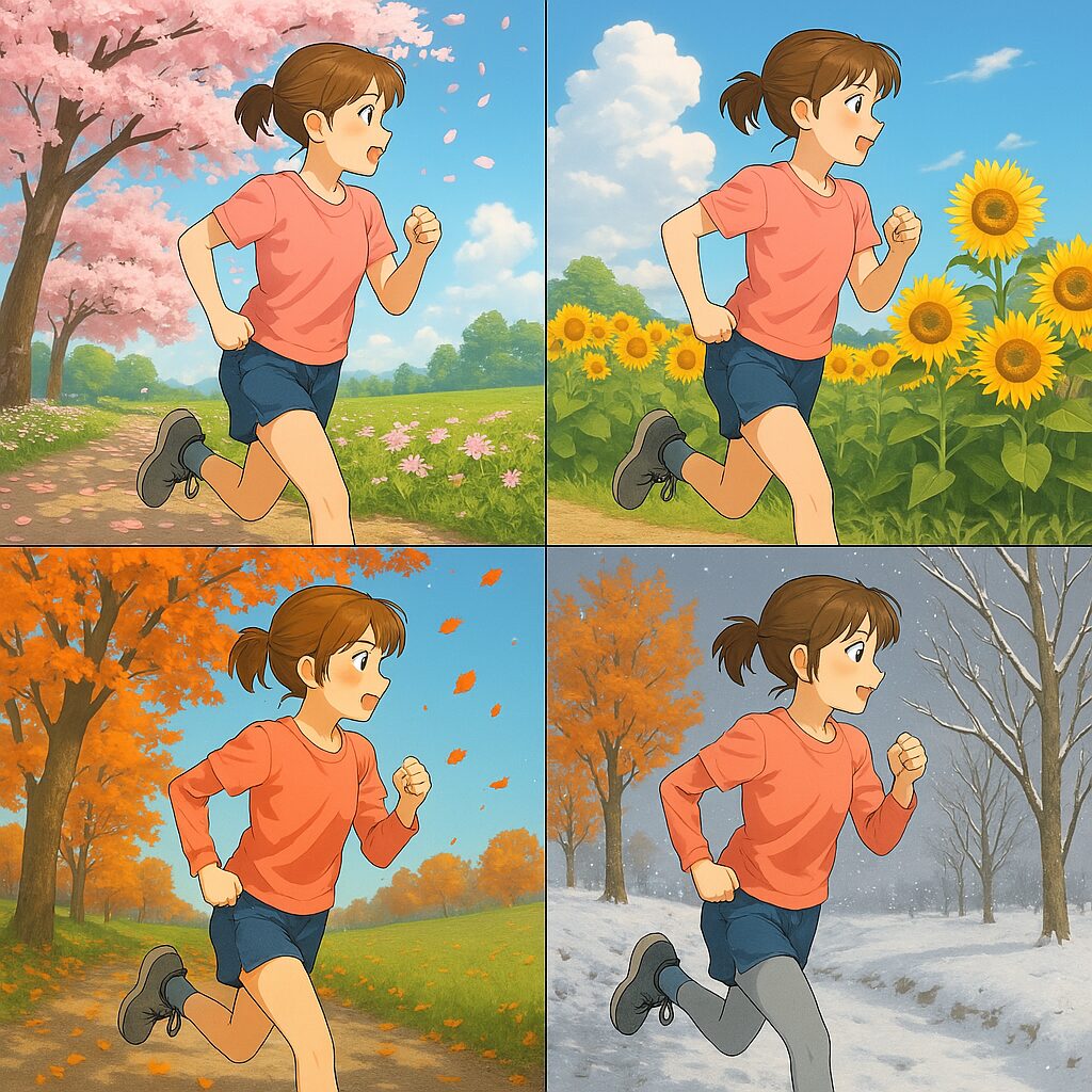 四季それぞれでランニングを楽しんでいる女性