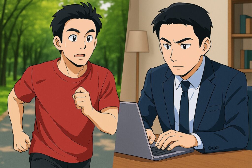 走った後に仕事に集中している男性