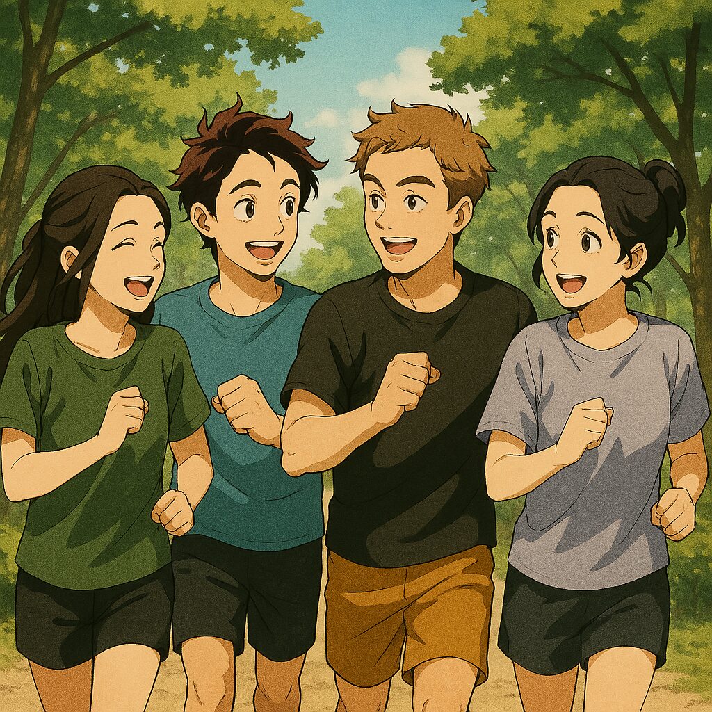 仲間と一緒に公園で走っている